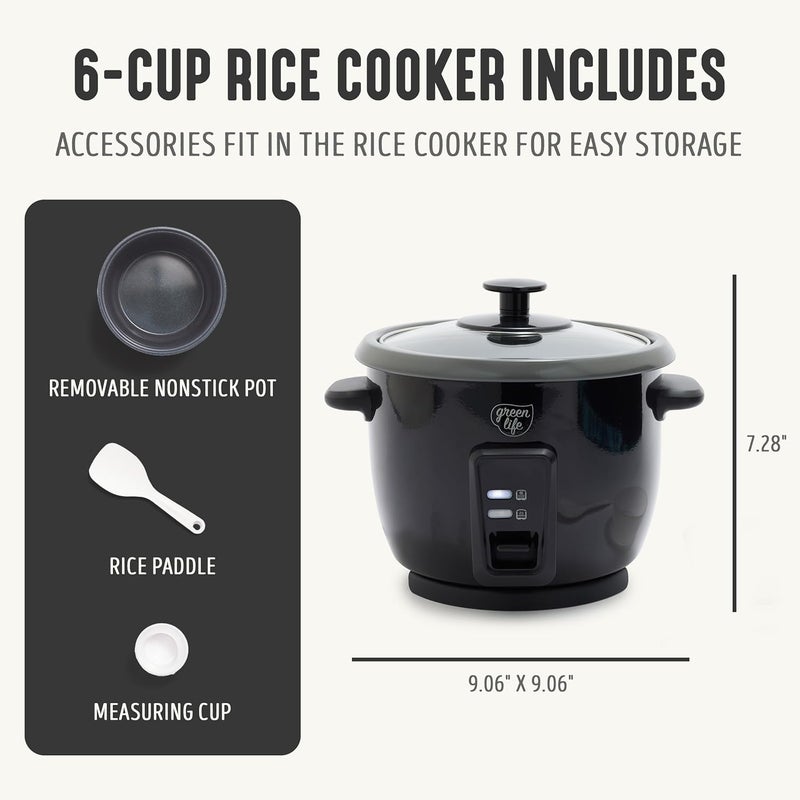 GreenLife Rice Cooker with Removable PFAS-Free Nonstick Pot, 3-Cups Uncooked/6-Cups Cooked, One-Switch Design, Auto Keep Warm Function, Soup, Grains, Oatmeal, Wood Handle, Black - Image 2